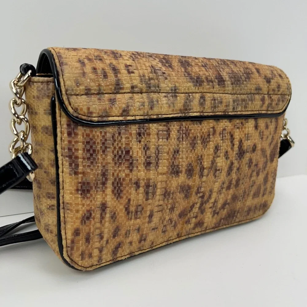 Kate Spade Woven Straw Crossbody Bag Gold Turn Lock Leopard Print Satchel Medium